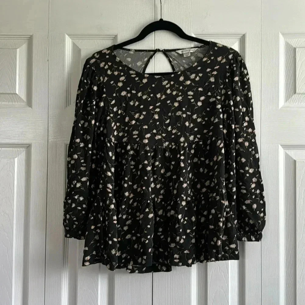 American Eagle Black Floral Layered Open Back Baby Doll Top Size XS